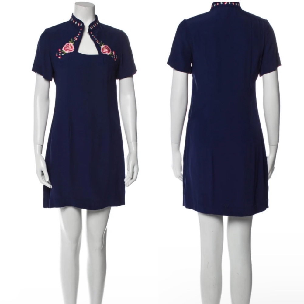 Staud Mock Neck Floral Embroidered Mini Navy Dress size xs